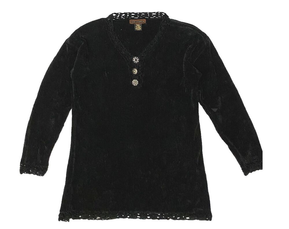 Yarn Works Whimsigoth Black Chenille Lace Trim Button Up Plush Grunge Sweater S